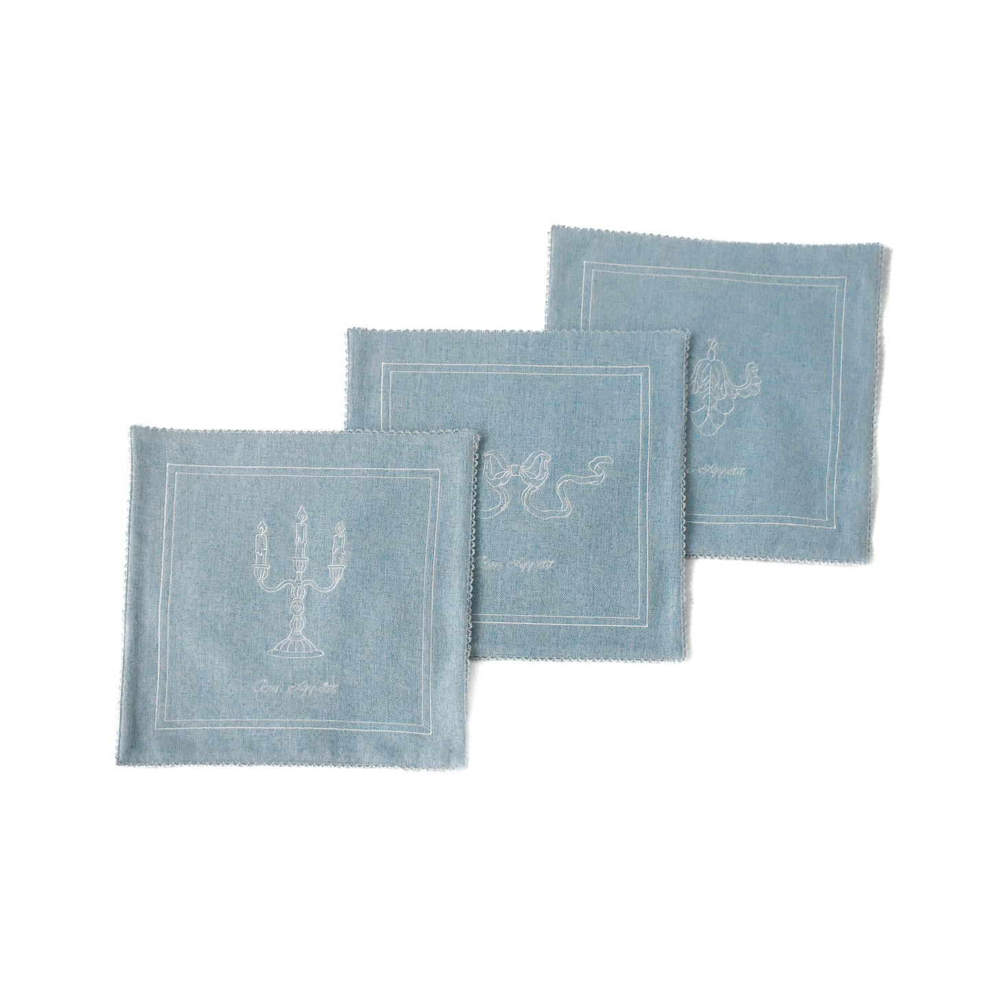 Elegant Vintage-Inspired Embroidered Tea Towel Set – Candelabra & Bow & Vine Design -3 piece set small vingtage blue