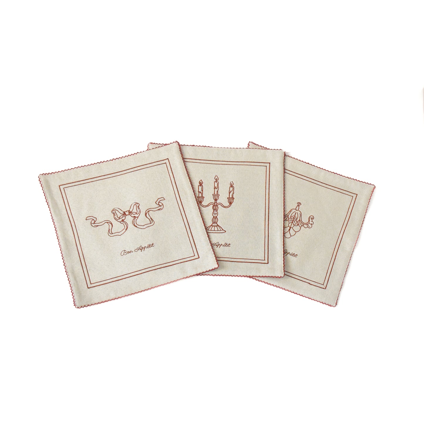 Elegant Vintage-Inspired Embroidered Tea Towel Set – Candelabra & Bow & Vine Design -3 piece set small red cream beige