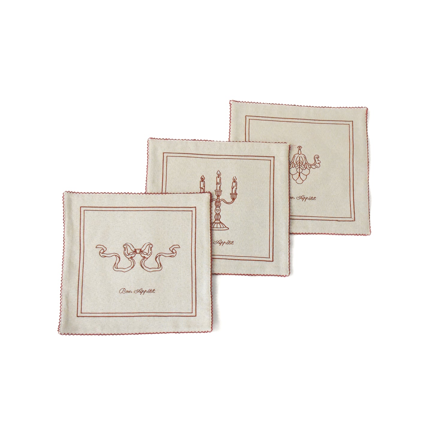 Elegant Vintage-Inspired Embroidered Tea Towel Set – Candelabra & Bow & Vine Design -3 piece set small red cream beige