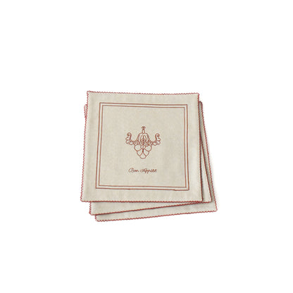 Elegant Vintage-Inspired Embroidered Tea Towel Set – Candelabra & Bow & Vine Design -3 piece set small red cream beige