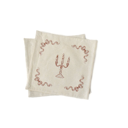 Elegant Vintage-Inspired Embroidered Tea Towel Set – Candelabra & Bow & Vine Design -2 piece set mediuml red cream beige