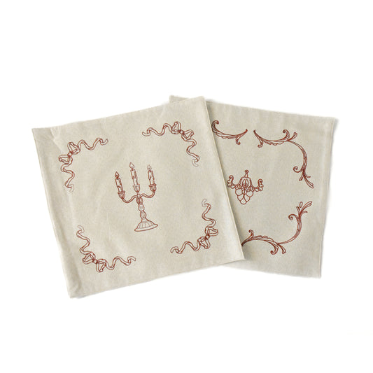 Elegant Vintage-Inspired Embroidered Tea Towel Set – Candelabra & Bow & Vine Design -2 piece set mediuml red cream beige