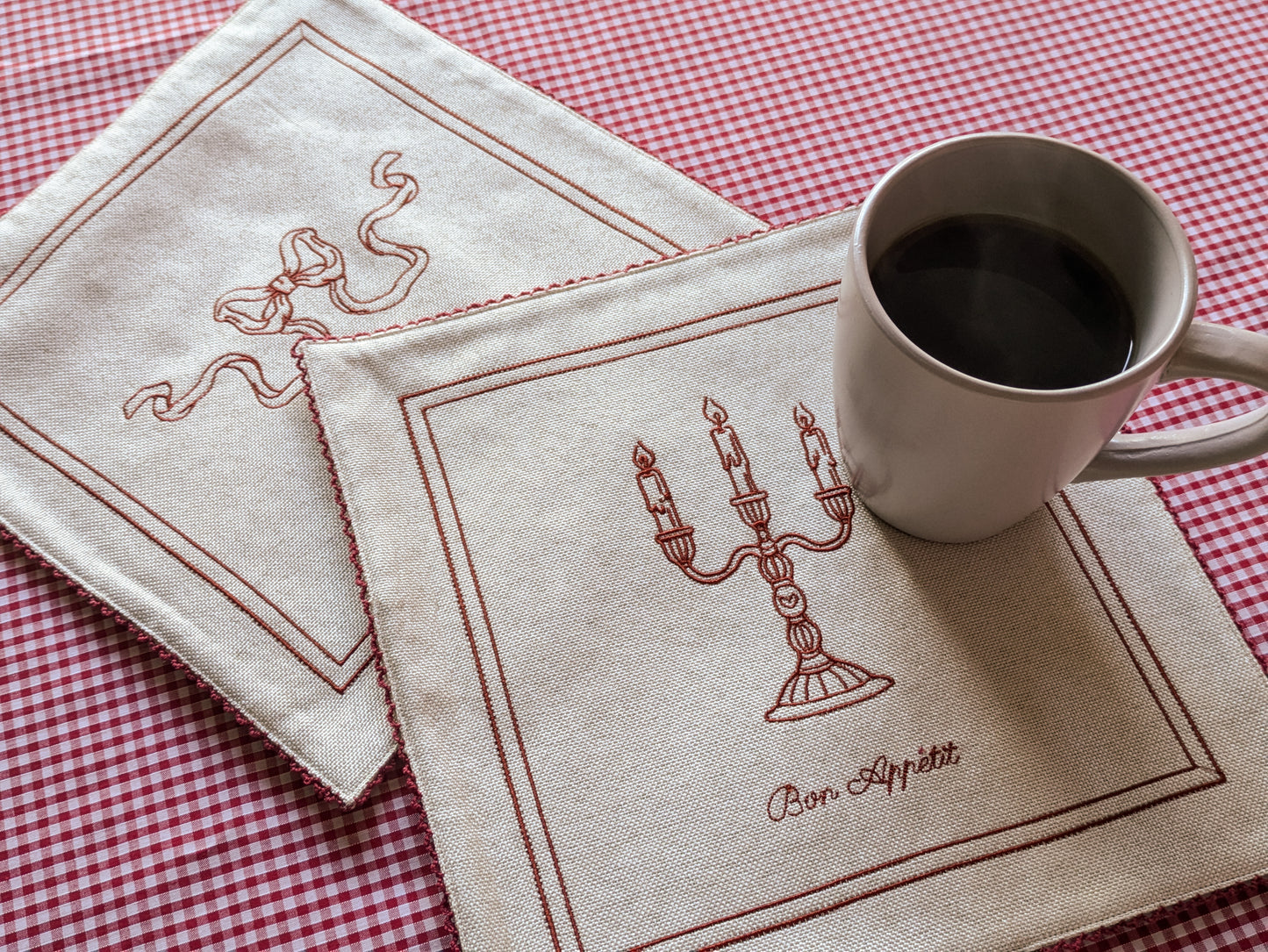 Elegant Vintage-Inspired Embroidered Tea Towel Set – Candelabra & Bow & Vine Design -3 piece set small red cream beige