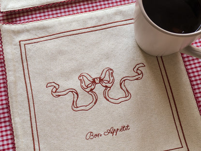 Elegant Vintage-Inspired Embroidered Tea Towel Set – Candelabra & Bow & Vine Design -3 piece set small red cream beige