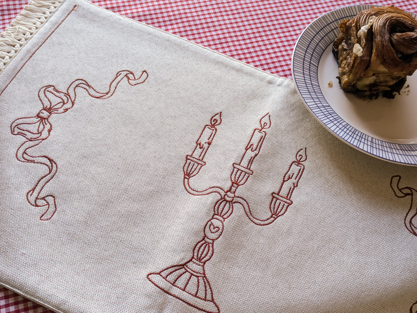 Elegant Vintage-Inspired Embroidered Tea Towel Set – Candelabra Bow Design - large red cream beige