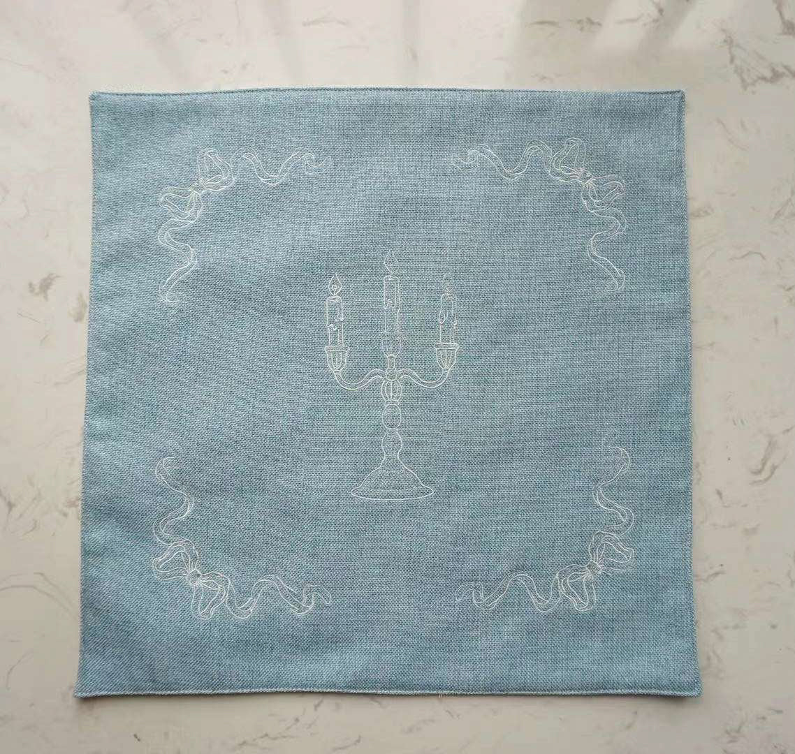 Elegant Vintage-Inspired Embroidered Tea Towel Set – Candelabra & Bow & Vine Design -2 piece set mediuml vingtage blue