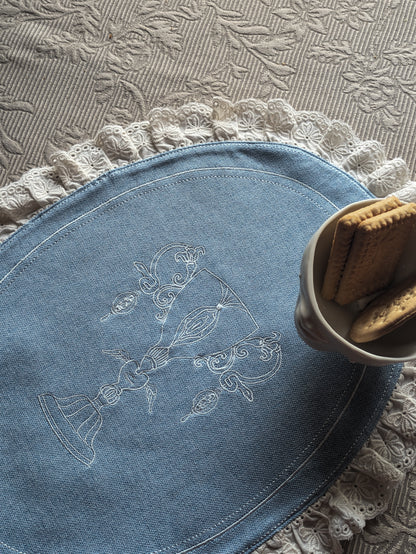 Elegant Vintage-Inspired Embroidered Tea Towel Set – Chalice Design - large vingtage blue