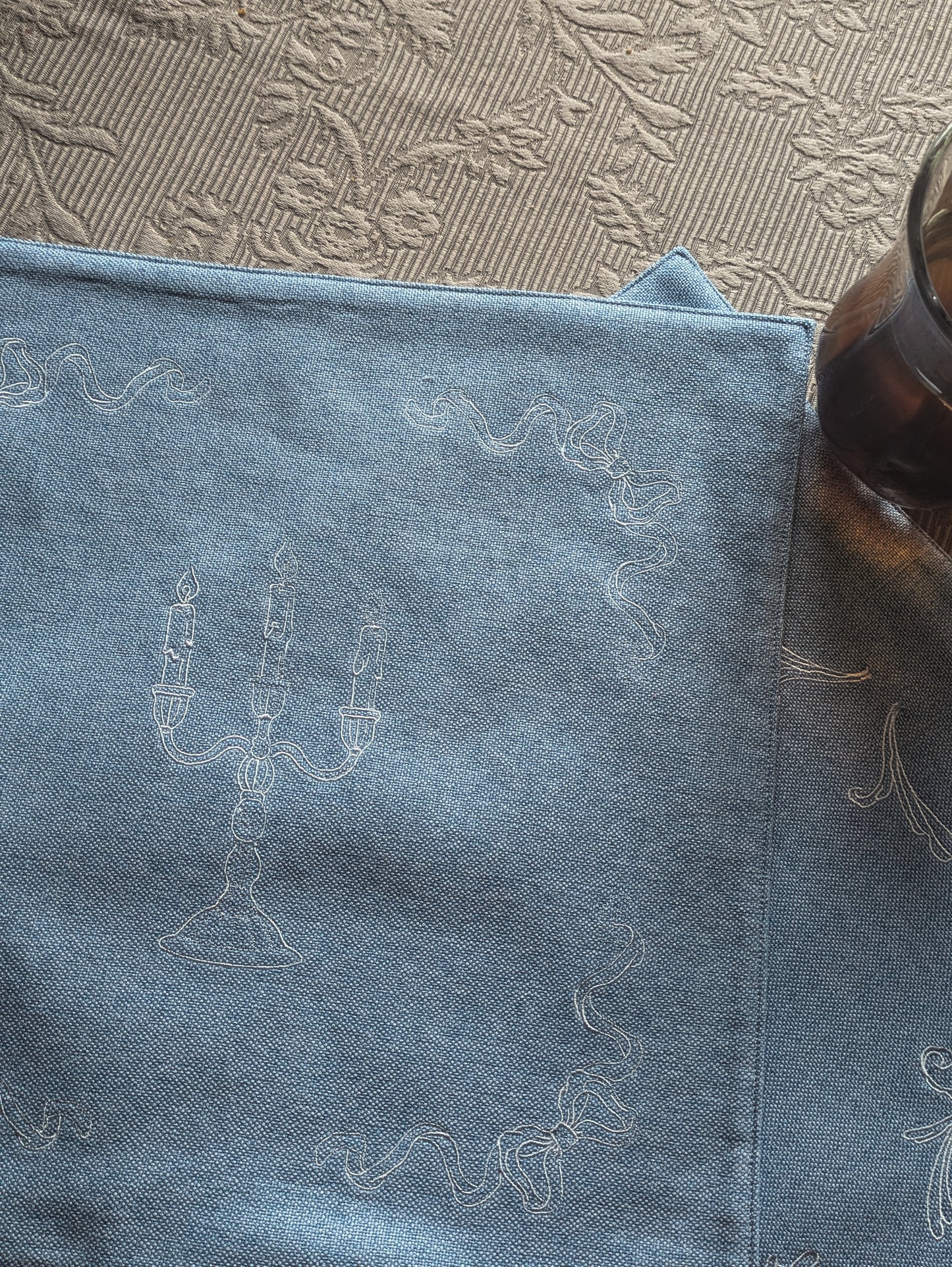 Elegant Vintage-Inspired Embroidered Tea Towel Set – Candelabra & Bow & Vine Design -2 piece set mediuml vingtage blue