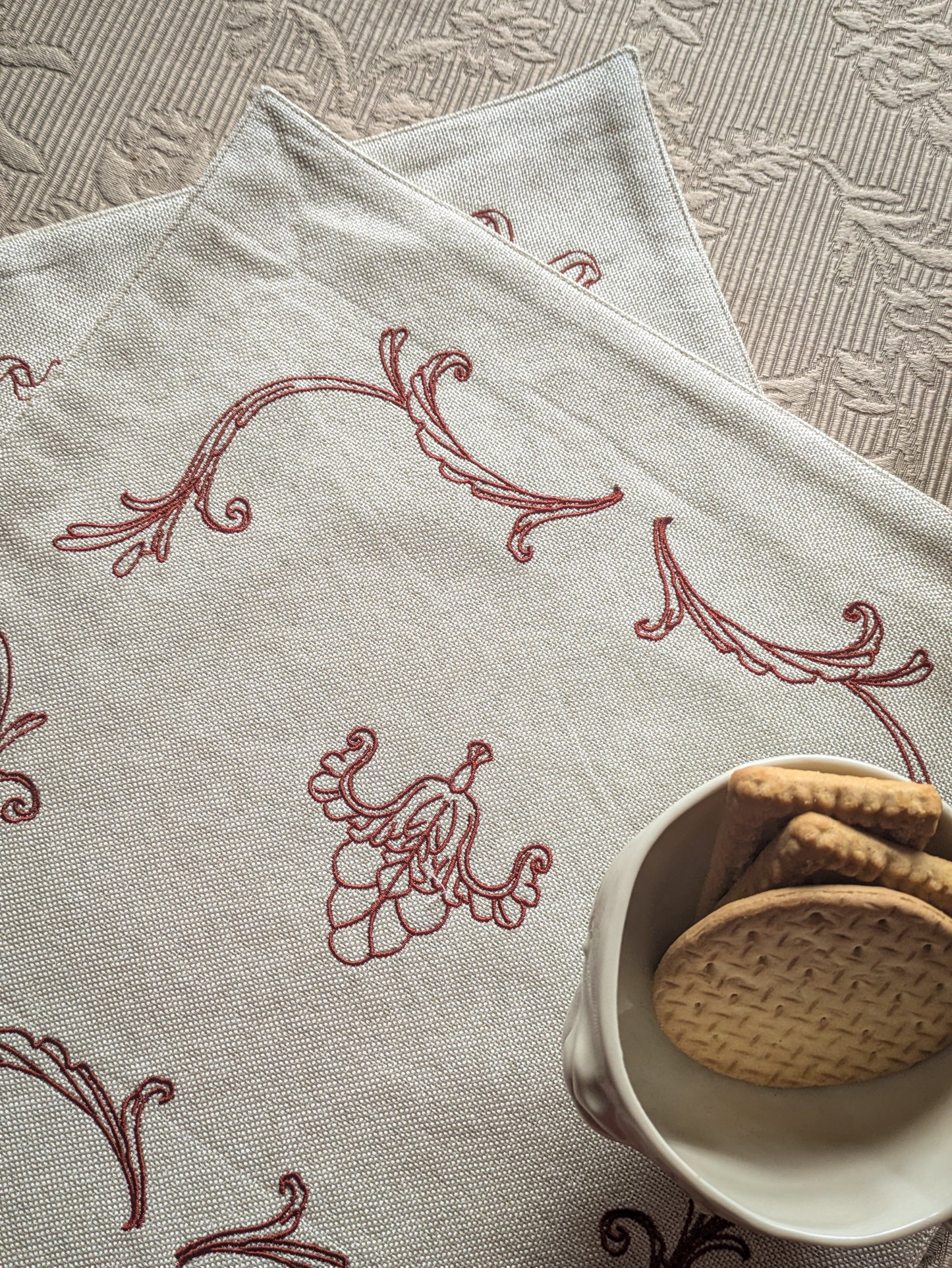 Elegant Vintage-Inspired Embroidered Tea Towel Set – Candelabra & Bow & Vine Design -2 piece set mediuml red cream beige