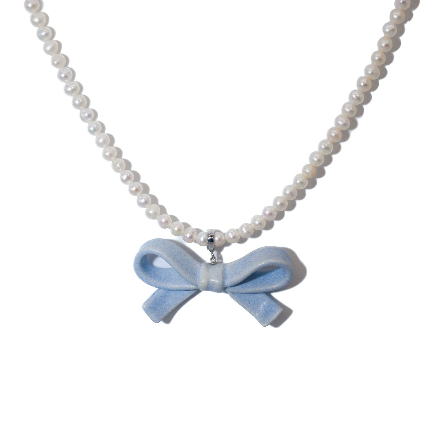 Bowtie Maniac - Medium Ceramic Ribbon Charm Bowtie Freshwater Pearl Necklace