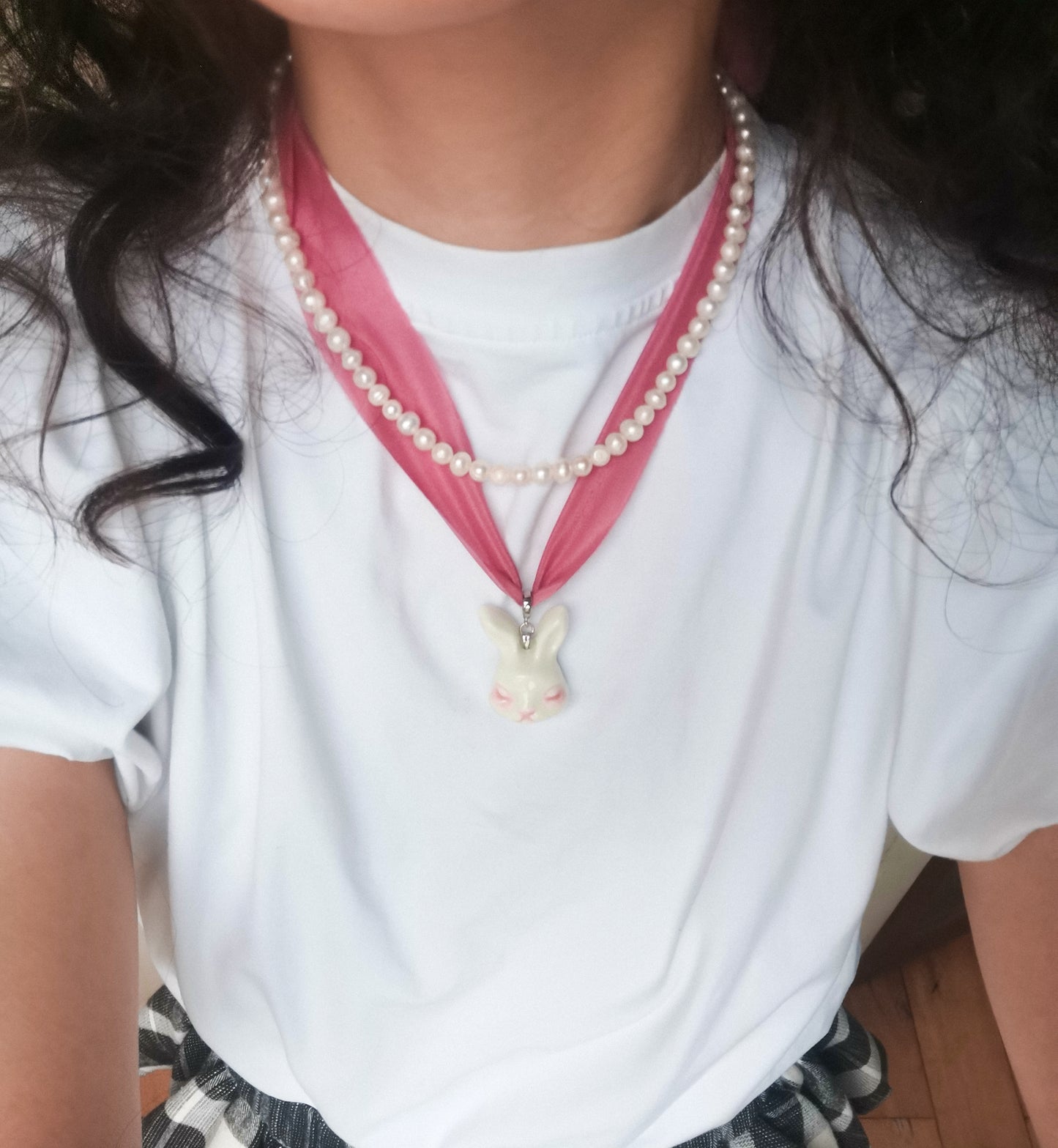 Grumpy Bunny Detachable Rabbit Charm Silk Choker Necklace