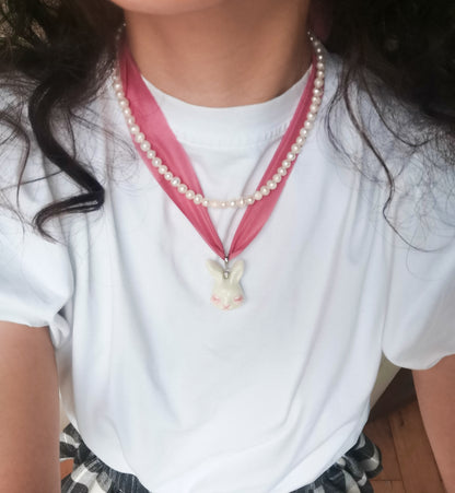Grumpy Bunny Detachable Rabbit Charm Silk Choker Necklace