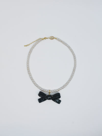 Bowtie Maniac - Medium Ceramic Ribbon Charm Bowtie Freshwater Pearl Necklace