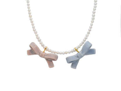 Bowtie Maniac - Medium Ceramic Ribbon Charm Bowtie Freshwater Pearl Necklace