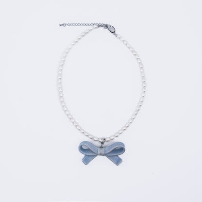 Bowtie Maniac - Medium Ceramic Ribbon Charm Bowtie Freshwater Pearl Necklace