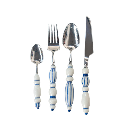 Fun Dining Handcrafted Ceramic Porcelain Cutlery 4 Piece Set - Classic Blue
