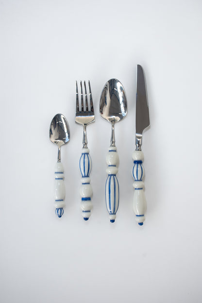 Fun Dining Handcrafted Ceramic Porcelain Cutlery 4 Piece Set - Classic Blue