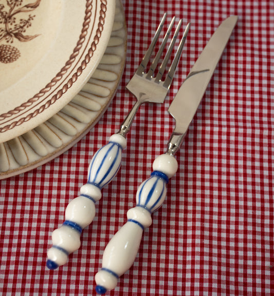 Fun Dining Handcrafted Ceramic Porcelain Cutlery 4 Piece Set - Classic Blue