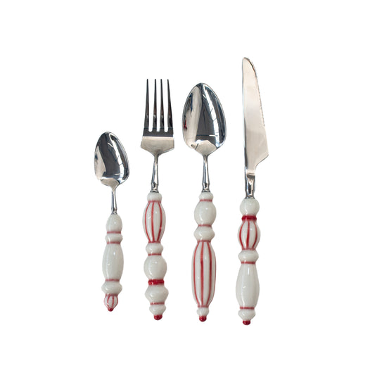 Fun Dining Handcrafted Ceramic Porcelain Cutlery 4 Piece Set - Passion Red