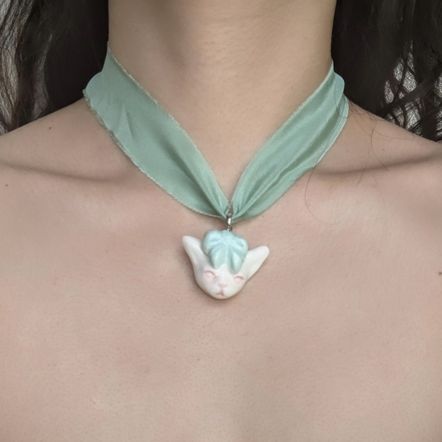 Angry Puss Silk Choker Necklace Detachable Pendant