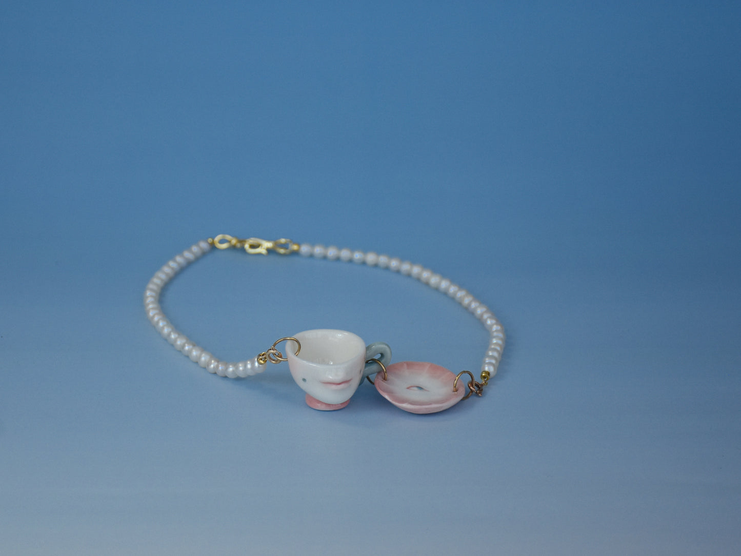 The Cup Theater mini cup and plate porcelain Freshwater Pearl necklace