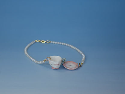 The Cup Theater mini cup and plate porcelain Freshwater Pearl necklace