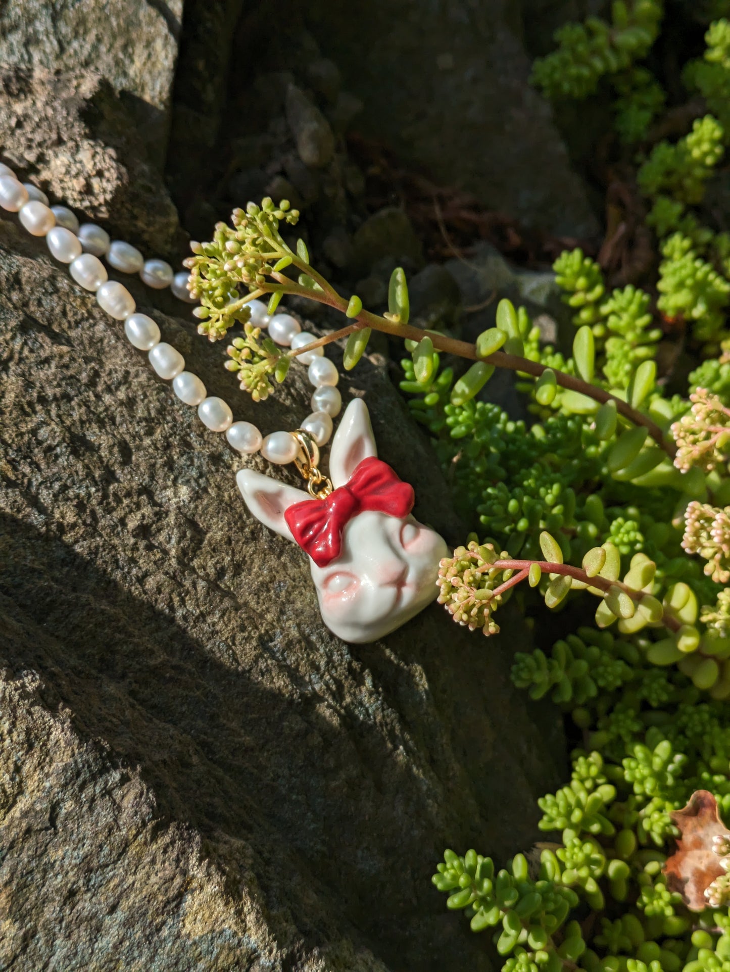 Grumpy Bunny- Pearl and Rabbit Bowtie Necklace