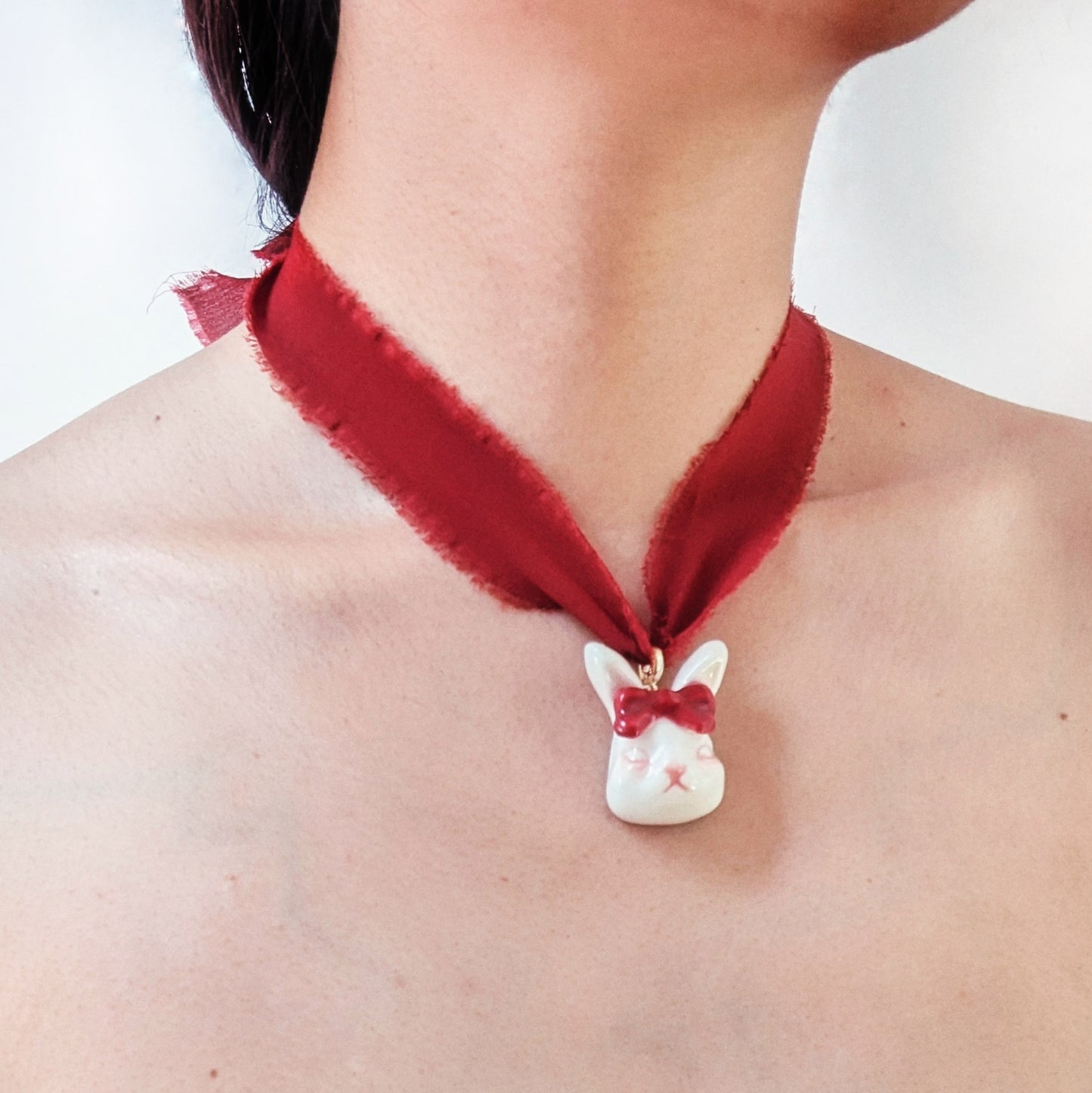 Grumpy Bunny Detachable Rabbit Charm Silk Choker Necklace