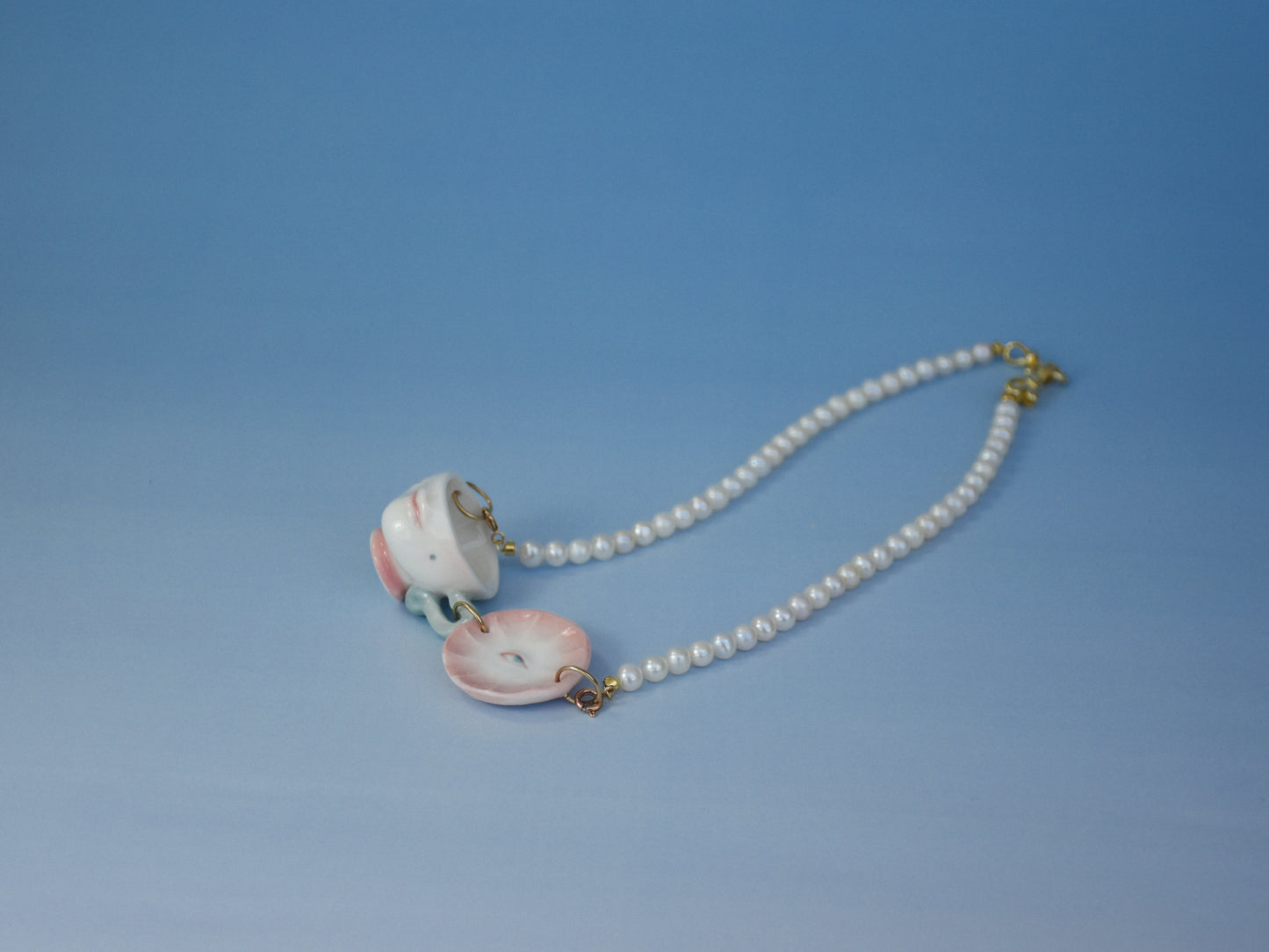 The Cup Theater mini cup and plate porcelain Freshwater Pearl necklace