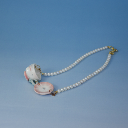 The Cup Theater mini cup and plate porcelain Freshwater Pearl necklace