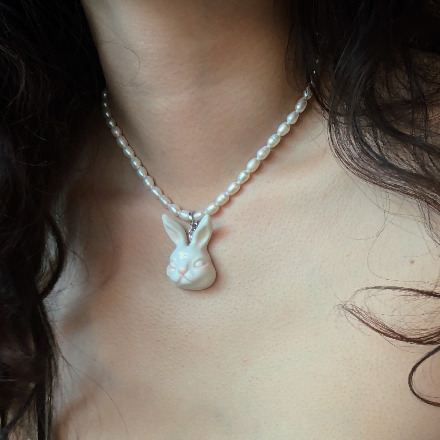 Grumpy Bunny- Pearl and Rabbit Necklace