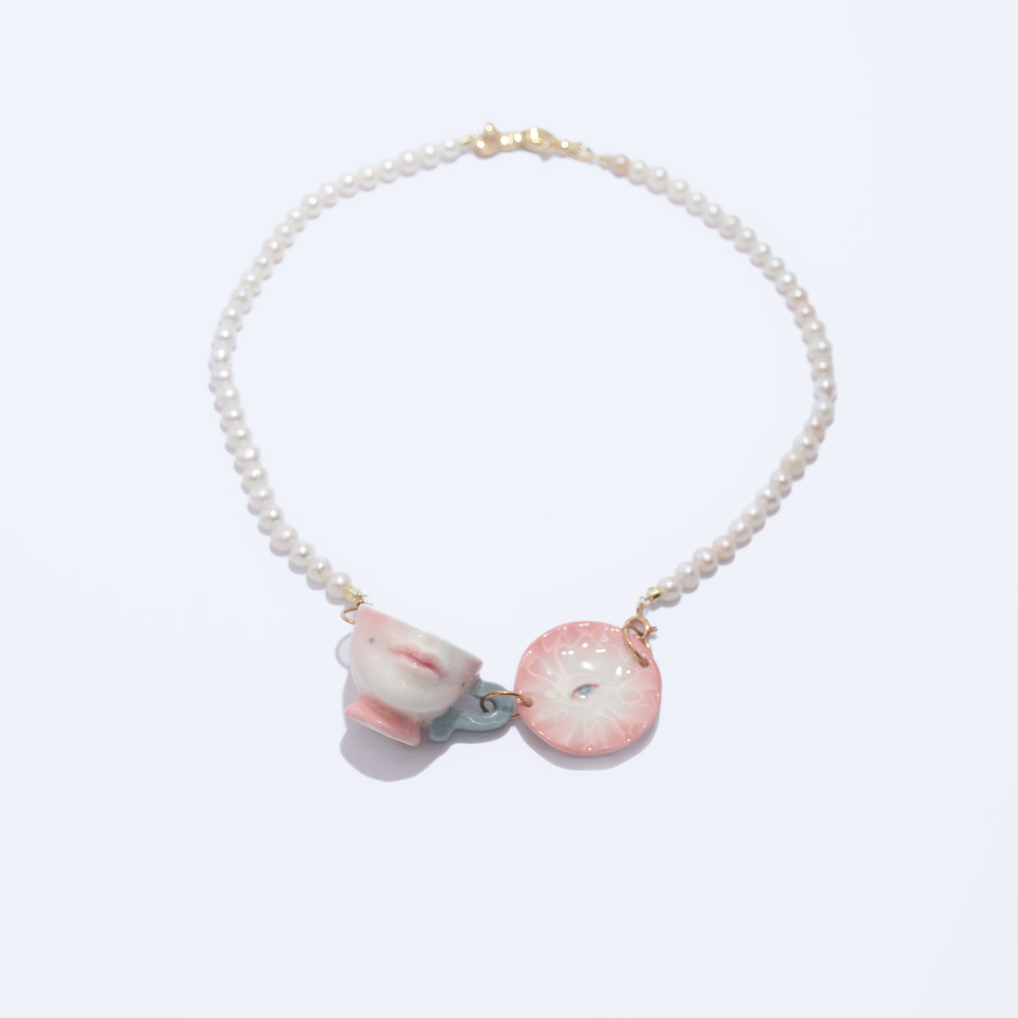 The Cup Theater mini cup and plate porcelain Freshwater Pearl necklace