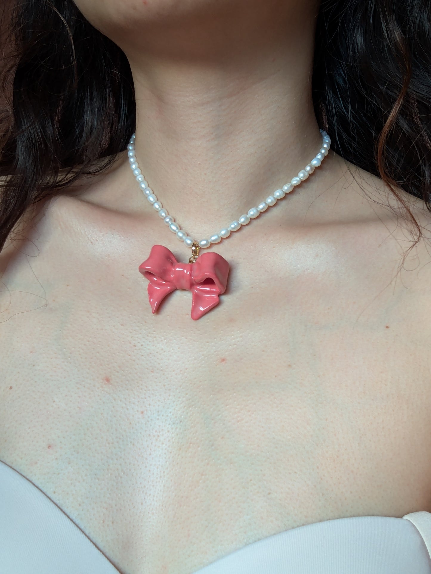 Bowtie Maniac - Large Bowtie Ceramic Detachable Pendant Pearl Necklace